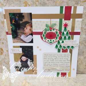 A scrapbook layout featuring festive holiday elements, including photos of a child with a Christmas tree, decorative accents in red and green, and a 'MERRY CHRISTMAS' message.