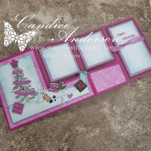 A fun fold card featuring a whimsical design with purple and green colors, showcasing a decorated Christmas tree along with holiday-themed embellishments like presents and a snowman. The card includes festive greetings.