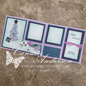A festive fun fold card featuring a whimsical snowman, colorful holiday tree, and various decorative elements, set against a soft background. The card includes spaces for photos or messages.