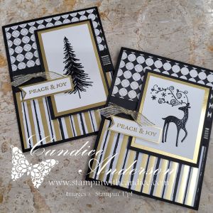 Two elegant Christmas cards featuring a black, white, and gold color scheme. One card showcases a pine tree with the greeting 'PEACE & JOY', while the other features a reindeer design with the same greeting. Both cards are arranged in a stylish layout with patterned paper and gold accents.