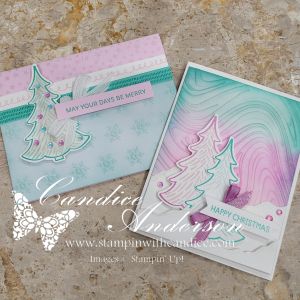 Two handmade Christmas cards featuring pastel colors. The left card displays a decorative tree with a Christmas sentiment, while the right card features a swirled background and another tree design.