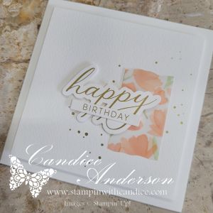 A handmade birthday card featuring the word 'happy' and 'BIRTHDAY' in elegant typography, surrounded by a soft floral background and gold accents.