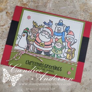 A festive holiday card featuring Santa and a group of cheerful North Pole characters, adorned with a vibrant color palette and playful design elements.