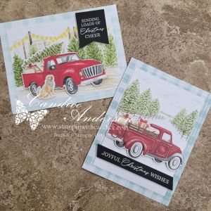Two holiday-themed cards featuring vintage red trucks filled with Christmas trees, surrounded by festive decorations and cheerful sentiments.