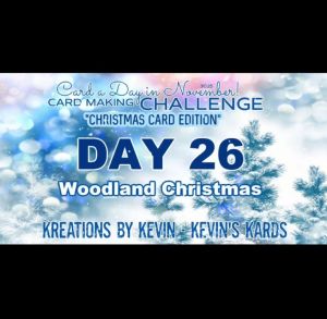 Graphic for 'Card a Day in November' challenge featuring 'Woodland Christmas' theme, with snowflakes and a pastel background.