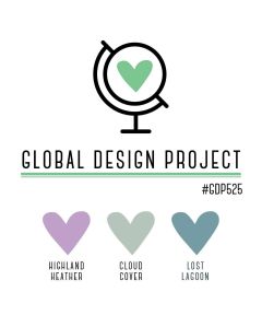 Graphic for the Global Design Project #GDP525 featuring three hearts representing the colors Highland Heather, Cloud Cover, and Lost Lagoon.