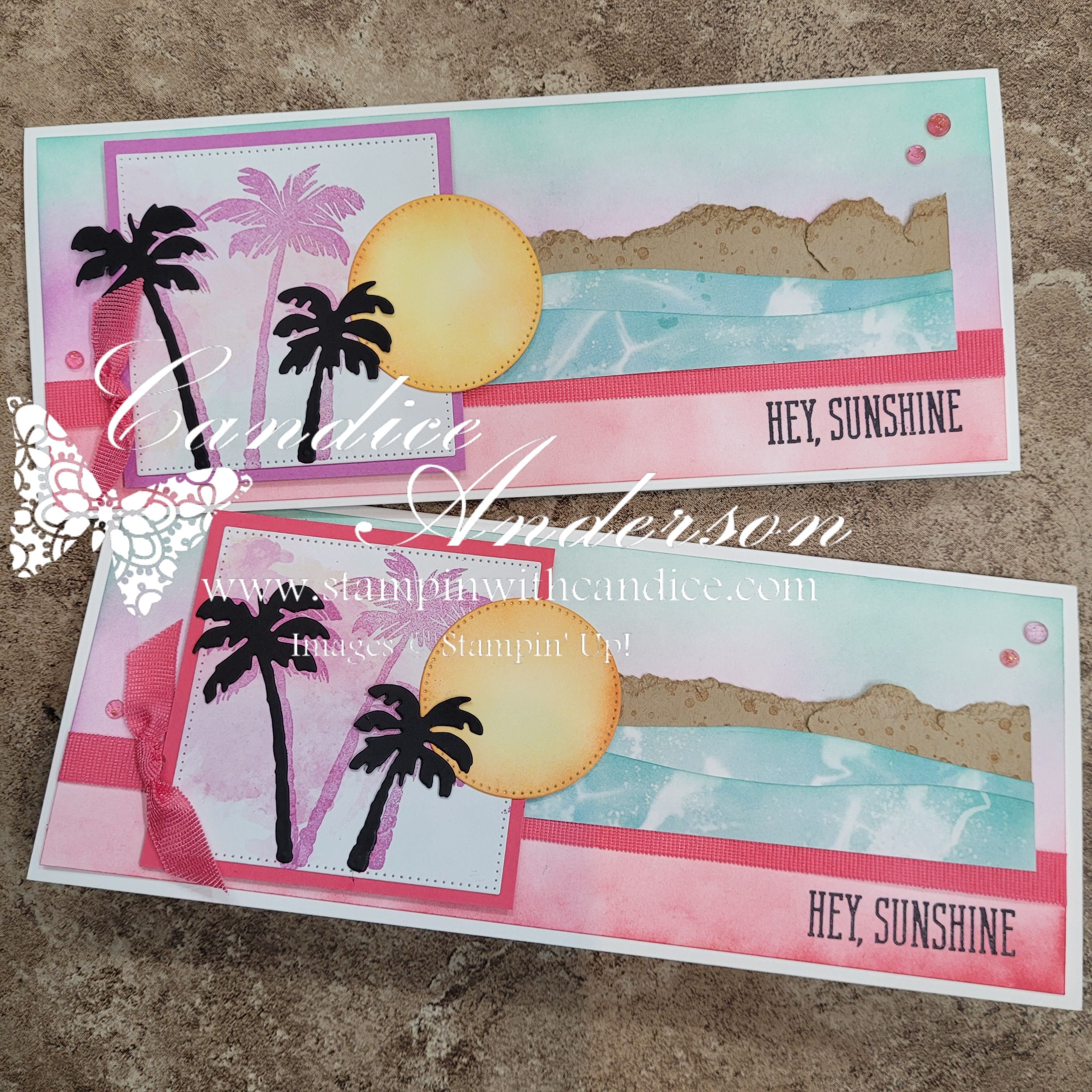 Two colorful greeting cards featuring a beach scene with palm trees, a large sun, and the text 'HEY, SUNSHINE'. The background has soft pastel colors and textured layers.