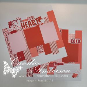 A scrapbook layout featuring red and pink colors with hearts and decorative elements. One page has the word 'HEART' and the other features the word 'XOXO', showcasing empty spaces for photographs.