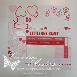 Scrapbook page featuring various heart shapes, decorative banners, and floral designs in shades of pink and red, with the phrase 'Little One Sweet' prominently displayed.