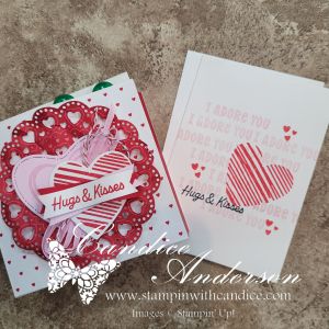 A handmade greeting card featuring a heart design with 'Hugs & Kisses' text on a colorful background, alongside a blank card with a heart pattern and similar text.