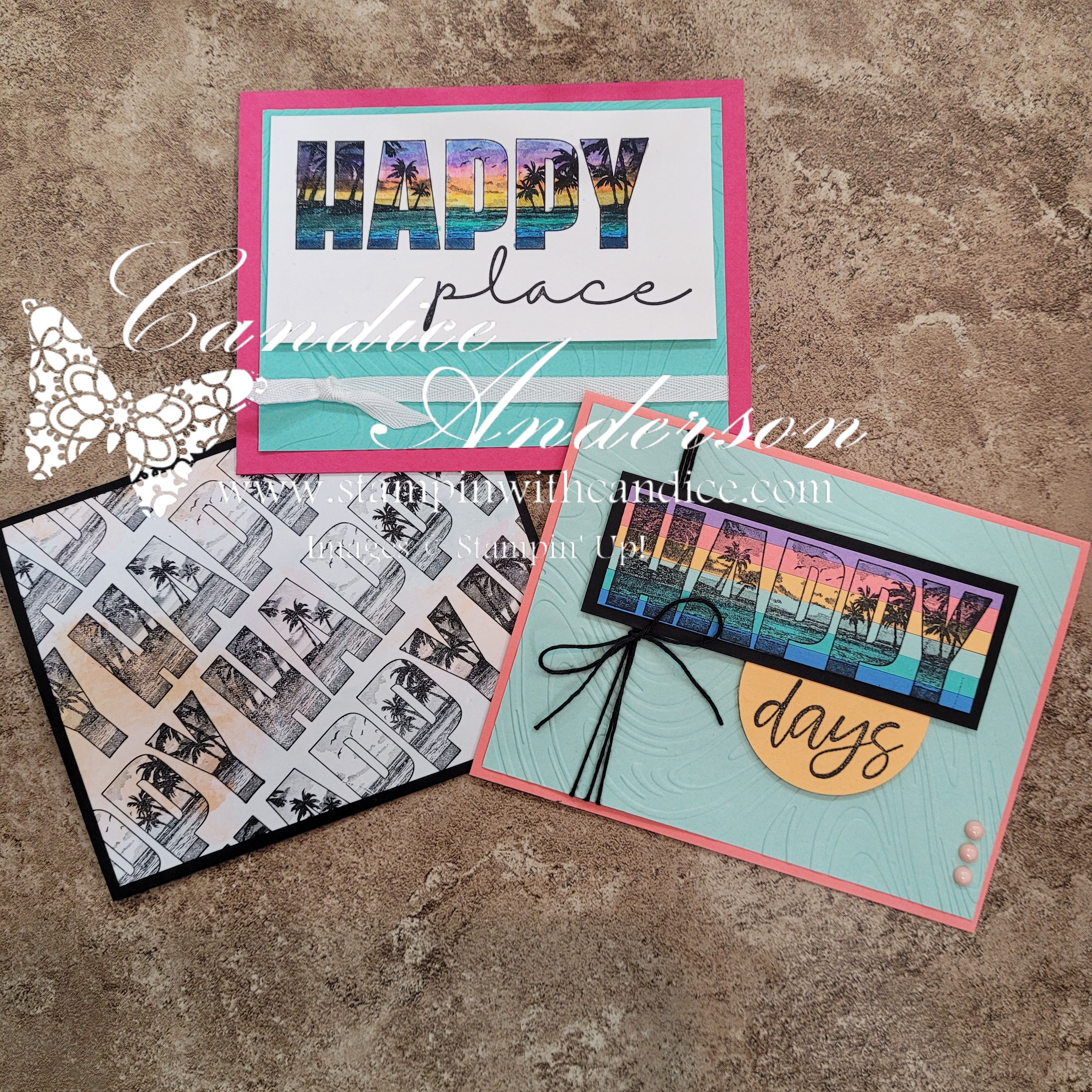 Three handmade greeting cards featuring colorful designs. One card says 'HAPPY place' with a beach scene in the letters, another card features the phrase 'HAPPY days' with a similar theme, and the third card has a black and white pattern of palm trees.