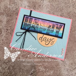 A handmade greeting card featuring a gradient sunset with palm trees, adorned with the text 'HAPPY days' and a circular yellow element. The card has a textured blue background and is bordered with a pink frame.