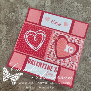 A Valentine's Day themed card featuring red and pink colors, with designs including hearts, polka dots, and the text 'Happy' and 'Valentine's Day'.