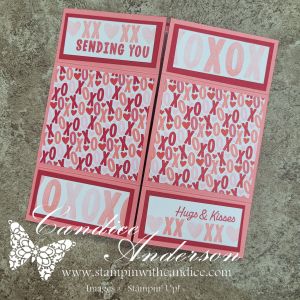 A handcrafted card featuring the text 'SENDING YOU' and 'Hugs & Kisses' on a pink and red background decorated with 'XOXO' patterns.