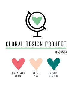 Logo for the Global Design Project featuring a globe with a heart, and color swatches labeled Strawberry Slush, Petal Pink, and Pretty Peacock.