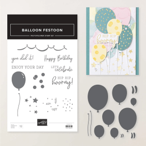 Photopolymer stamp set titled 'Balloon Festoon' with various balloon designs and celebratory phrases.